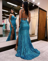 Mermaid V Neck Sequins Prom Dress with Slit